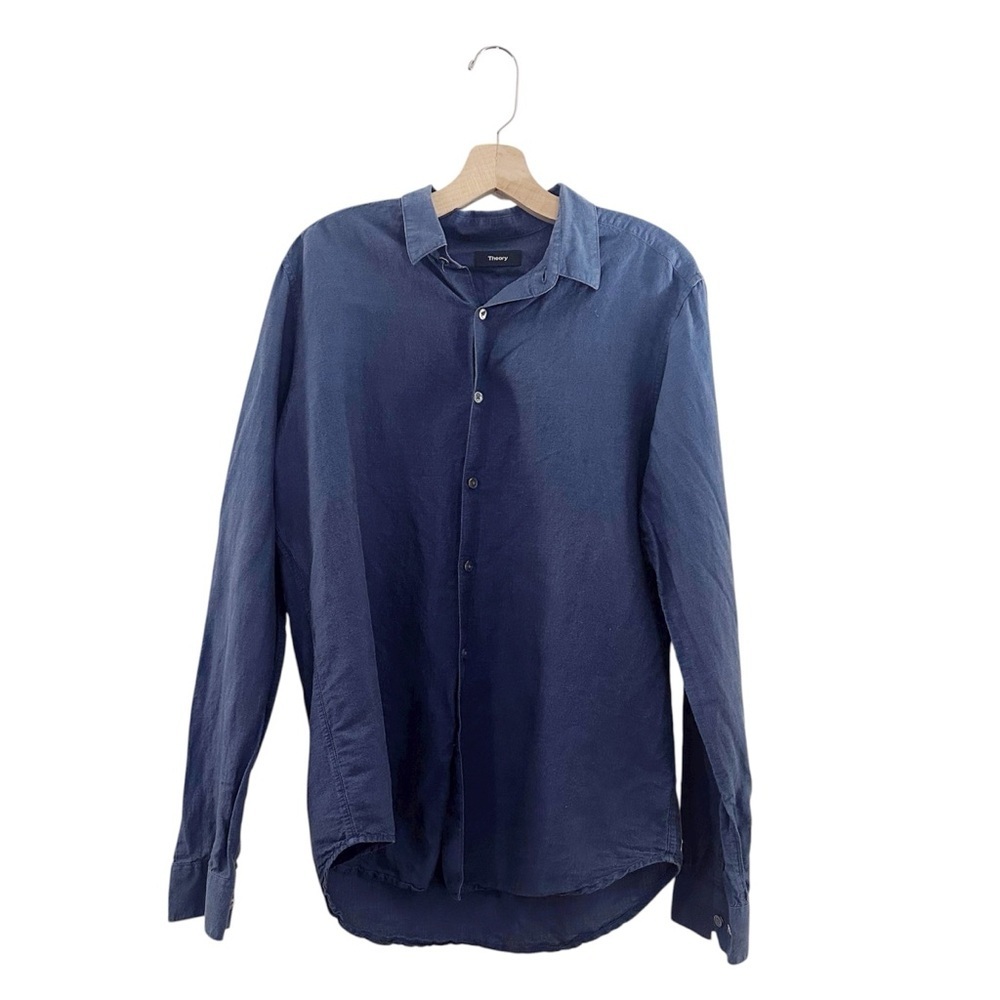 Theory Button Up Shirt Zach Ramiro Long Sleeve Linen Cotten Blue